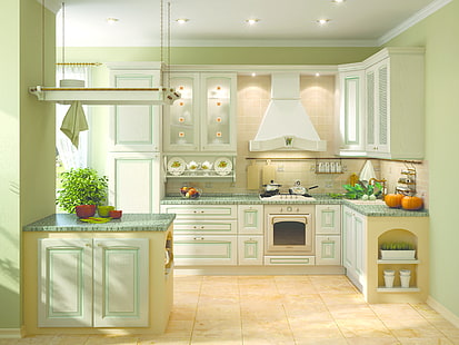 белый кухонный шкаф, дизайн, стиль, комната, интерьер, кухня, HD обои HD wallpaper