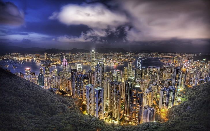 ciudad, urbano, paisaje urbano, luces, Hong Kong, Fondo de pantalla HD