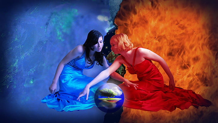 mujer, bruja, agua, fuego, elementos, esfera, mundo, arte digital, Fondo de pantalla HD