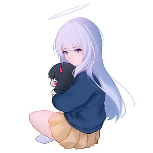 Anime, Anime Girls, einfacher Hintergrund, Originalfiguren, weiße Haare, Engel, Nimbus, MX-Schimmer, HD-Hintergrundbild HD wallpaper