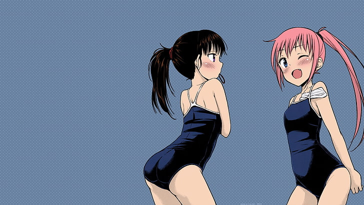 dos chicas vestidas con trajes de baño negros de una pieza, trajes de baño escolares, manga, cabello largo, cabello oscuro, cabello rosado, traje de baño de una pieza, Tsuttsu, suku nyou!, Fondo de pantalla HD