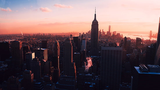 Эмпайр Стейт Билдинг, Нью-Йорк, Нью-Йорк, здания, городской пейзаж, небоскребы, город, Манхэттен, восход, HD обои HD wallpaper