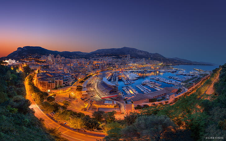 горы, город, огни, залив, вечер, монако, монте-карло, порт геркулес, лихорадка, княжество, HD обои