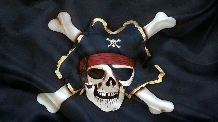 black and white pirates flag, hat, flag, skeleton, Jolly Roger, HD wallpaper