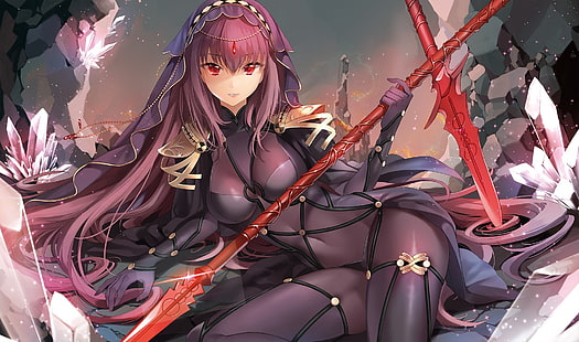 illustration de personnage d'anime femelle aux cheveux roses longs, anime, anime girls, Fate / Grand Order, Scathach (Fate / Grand Order), body, arme, cheveux longs, yeux rouges, Fond d'écran HD HD wallpaper
