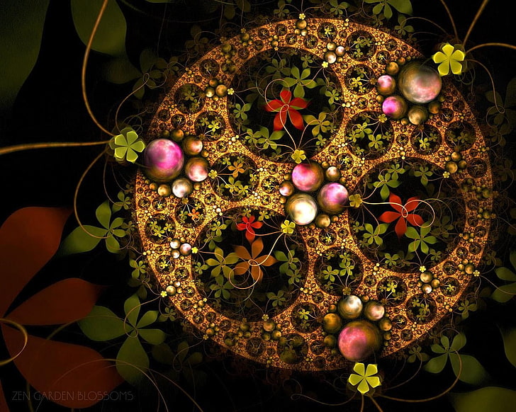 brown, red, and green floral wallpaper, fractal, kaleidoscope, multicolored, flowers, flowering, HD wallpaper