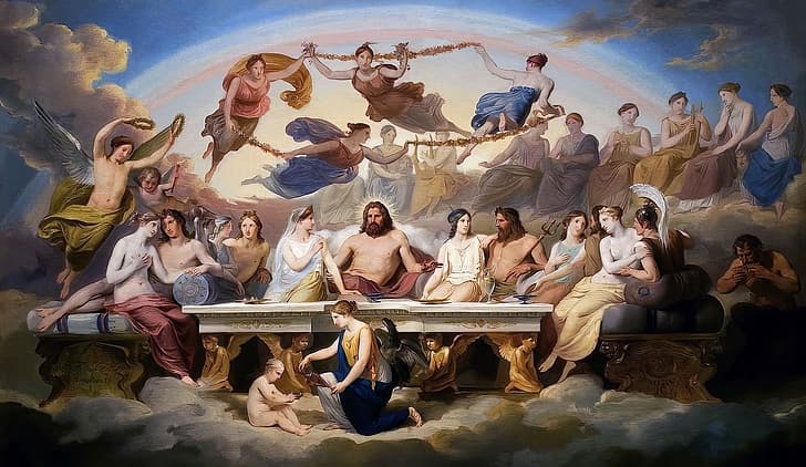 Banquet of the Gods, Carlo Bellosio, mitologi Yunani, Yunani kuno, seni klasik, lukisan, Wallpaper HD