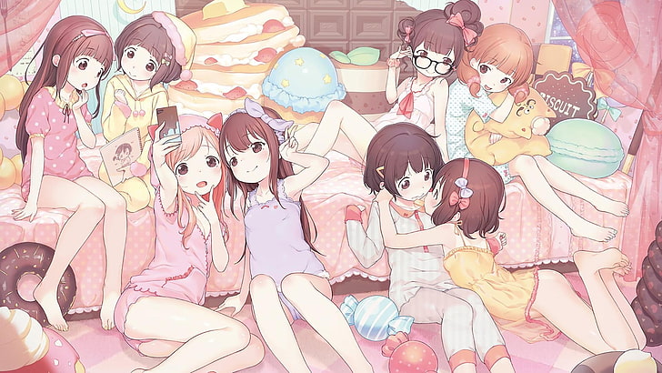 anime, anime girls, loli, pigiami, pigiami rosa, rosa, caramelle, personaggi originali, Sfondo HD