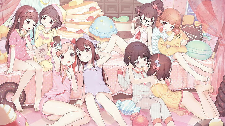 лоли, аниме девушки, аниме, конфеты, пижамы, розовые пижамы, розовые, оригинальные персонажи, HD обои