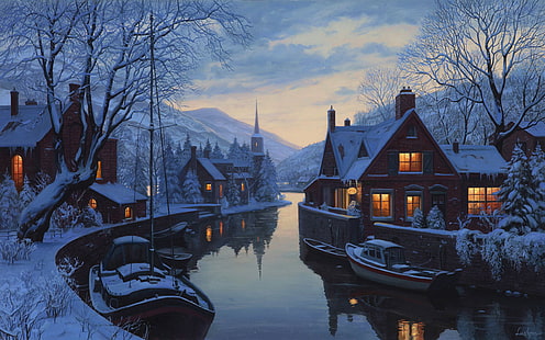 brown painted houses \, winter, snow, mountains, river, home, boats, the evening, ate, twilight, painting, chapel, tree, trees, houses, Eugeny Lushpin, Eugene Lushpin, Lushpin, An old inn by the river, HD wallpaper HD wallpaper