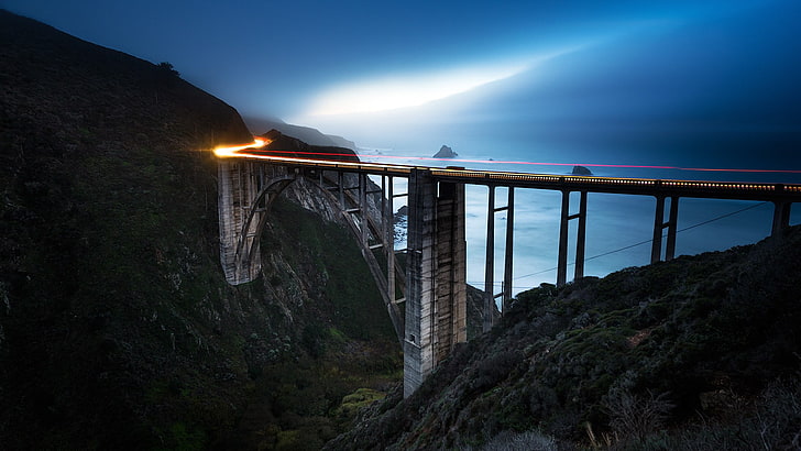 jembatan, California, lansekap, jalur cahaya, Wallpaper HD