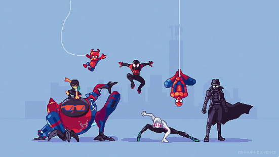 映画、スパイダーマン：スパイダーバース、マーベルコミック、マイルズモラレス、ペニパーカー、ピクセルアート、スパイダーグウェン、スパイダーハム、スパイダーマン、スパイダーマンノワール、 HDデスクトップの壁紙 HD wallpaper