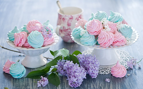 Meringues, sweet cakes, colorful, food, lilac flowers, Meringues, Sweet, Cakes, Colorful, Food, Lilac, Flowers, HD wallpaper HD wallpaper