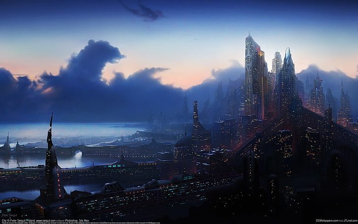 Luftbild der Stadt, futuristisch, futuristische Stadt, digitale Kunst, Stadtbild, HD-Hintergrundbild