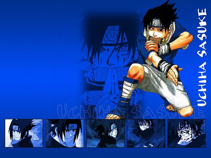 나루토 질풍 전, Uchiha Sasuke, 애니메이션 소년들, 파란색 배경, 애니메이션, HD 배경 화면