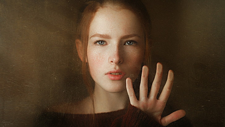 woman wearing brown off-shoulder top, women, Georgy Chernyadyev, redhead, blue eyes, face, sweater, hands, portrait, Katya Voronina, HD wallpaper