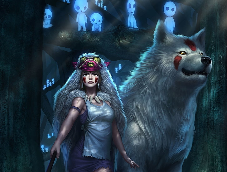 Kreatur, Fantasiekunst, Fantasiemädchen, Wolf, Geister, Prinzessin Mononoke, HD-Hintergrundbild