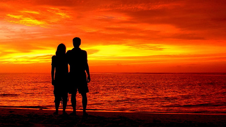 4k Beach Silhouette Sunset Romantic Couple Hd Wallpaper