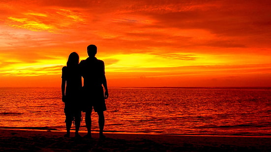 4K, plaża, sylwetka, zachód słońca, romantyczny, para, Tapety HD HD wallpaper