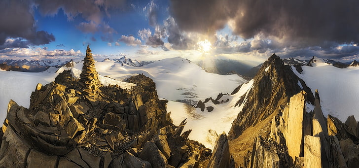 biało-niebieskie malarstwo abstrakcyjne, natura, krajobraz, panoramy, zachód słońca, góry, chmury, Tyrol, Austria, śnieg, promienie słoneczne, zaśnieżony szczyt, szczyt, Tapety HD
