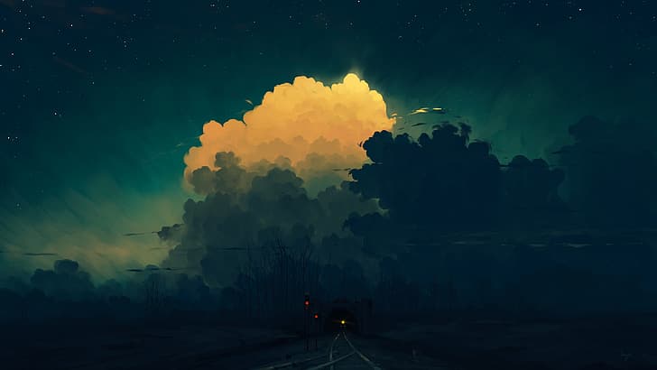 цифровая живопись, полночь, поезд, туннель, небо, облака, BisBiswas, HD обои