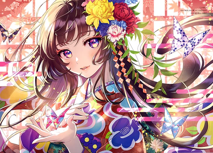 Morikura En, brune, yukata, fleurs, yeux bleus, papillons, colorés, Fond d'écran HD