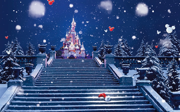 Cinderella castle during winter illustration, winter, snow, decoration, lights, castle, holiday, Paris, Christmas, Spruce, ladder, New year, stage, Disneyland, tree, Christmas boot, boots, boots Santa, HD wallpaper