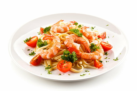 Jedzenie, Krewetki, Makaron, Owoce Morza, Pomidor, Tapety HD HD wallpaper