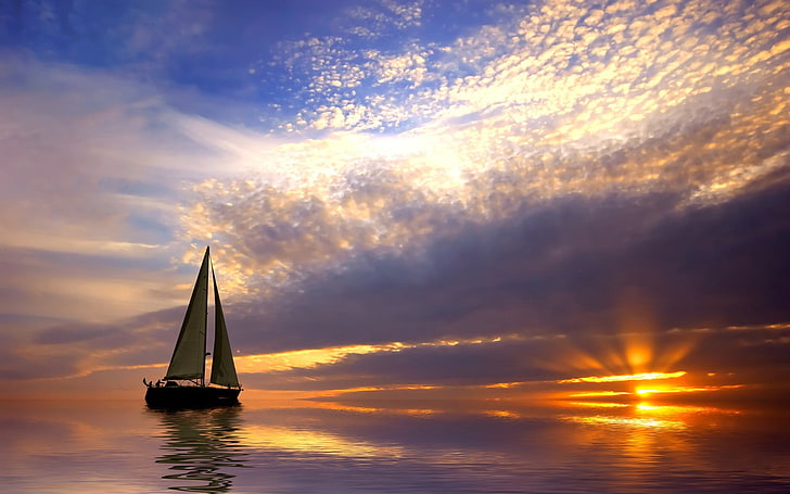 sailing ship, boat, sky, sunlight, sea, clouds, HD wallpaper