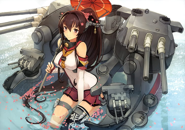 Yamato, Kantai-Sammlung, Waffen, braunes Haar, Kancolle, Anime, HD-Hintergrundbild