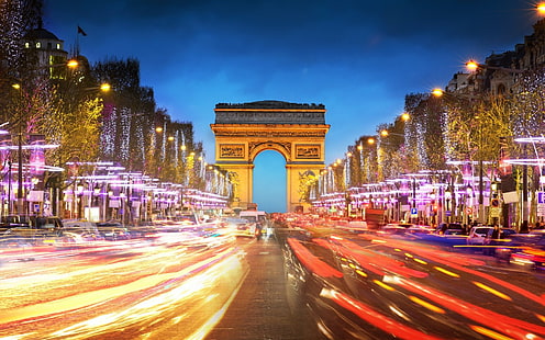 Monuments, Arc De Triomphe, Arch, Building, Champs-Élysées, Colorful, France, Light, Monument, Night, Paris, Street, Time-Lapse, HD wallpaper HD wallpaper