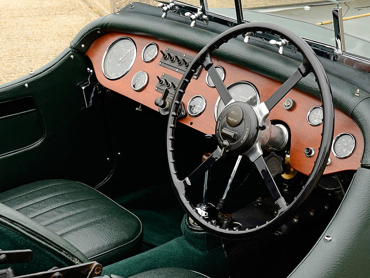 black and brown vehicle nterior, aston martin, 1937, green, salon, interior, steering wheel, retro, HD wallpaper