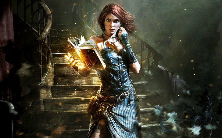 The Witcher, Triss Merigold, Buku, Sihir, Wanita, Video Game, the Witcher, triss merigold, buku, magic, wanita, video game, Wallpaper HD