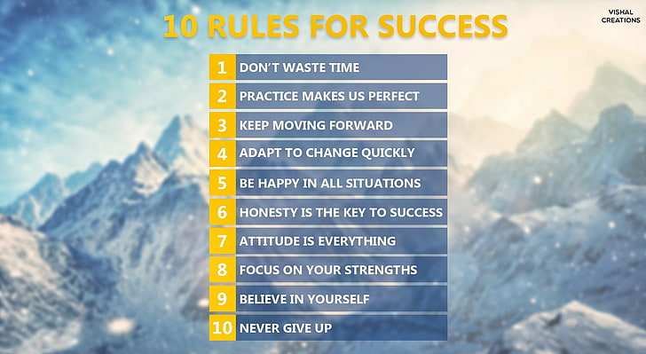 Dix règles pour réussir, 10 règles pour réussir texte, artistique, typographie, arrière-plan, fond cool, inspration, ne jamais abandonner, règles, règles de réussite, 10 règles pour réussir, Fond d'écran HD