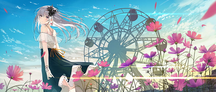 Anime, Original, Ferris Wheel, Flower, Grey Hair, Long Hair, Yellow Eyes, HD wallpaper