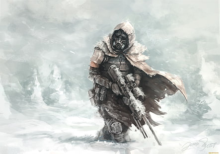 ilustracja żołnierza, żołnierz w śniegu, tapeta cyfrowa, science fiction, myśliwy, zima, karabin snajperski, przeznaczenie (gra wideo), grafika, gry wideo, Tapety HD HD wallpaper