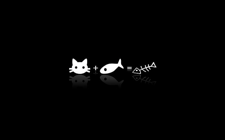 cat and fish illustration, BACKGROUND, BLACK, SIGN, FISH, BONES, ANYWAY, CAT, PLUS, HD wallpaper