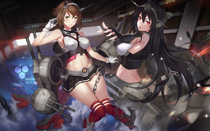 two brown and black-haired female characters, Kantai Collection, Mutsu (KanColle), Nagato (KanColle), HD wallpaper