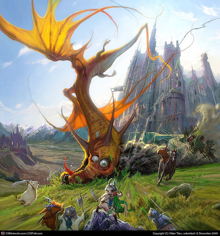 orange dragon digital wallpaper, dragon, castle, fantasy art, digital art, artwork, HD wallpaper