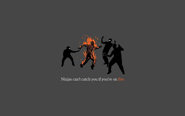 person in fire illustration, ninjas, simple, gray background, fire, ninjas can't catch you if, silhouette, humor, HD wallpaper