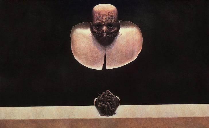 Zdzislaw Beksinski Geständnis, Gesicht und Hand des Mannes braune und schwarze digitale Tapete, künstlerisch, Zeichnungen, HD-Hintergrundbild