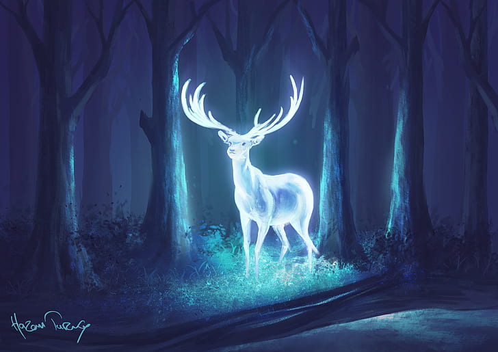 arte digital, ciervo, bosque, neón, arte de fantasía, azul, Fondo de pantalla HD