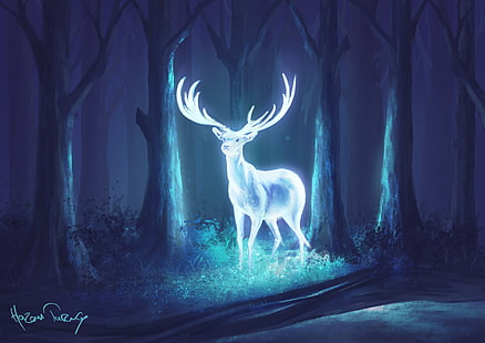 digital art, deer, forest, neon, fantasy art, blue, HD wallpaper HD wallpaper