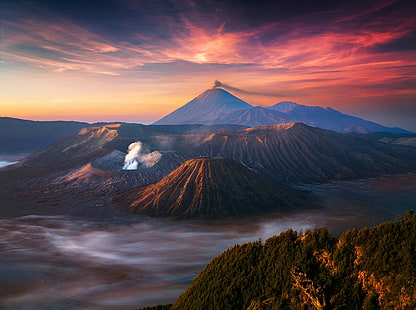 Indonesia, Java, complesso di caldera vulcanica, cielo, mattina, nuvole, nebbia, Indonesia, Java, Tengger, complesso di caldera vulcanica, Tenger, vulcano attivo Bromo, Sfondo HD HD wallpaper
