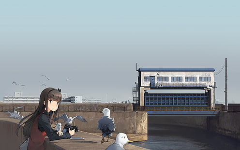 Ilustração de personagem de anime feminino de cabelos pretos, céu, personagens originais, gaivotas, HD papel de parede HD wallpaper