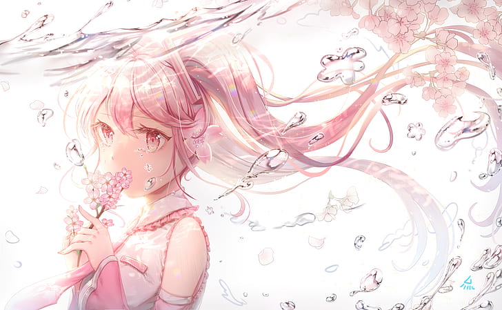 anime, gadis anime, rambut panjang, bunga, rambut merah muda, Wallpaper HD