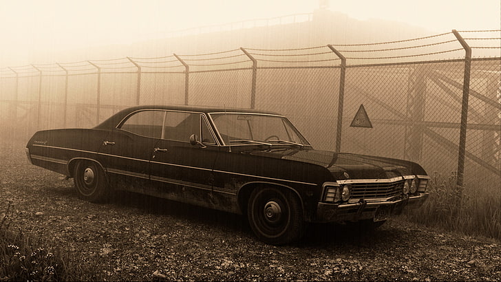 czarny Chevrolet Impala, szyld, ogrodzenie, 1967, sedan, nadprzyrodzony, hardtop, Сhevrolet Impala, pestka, Tapety HD