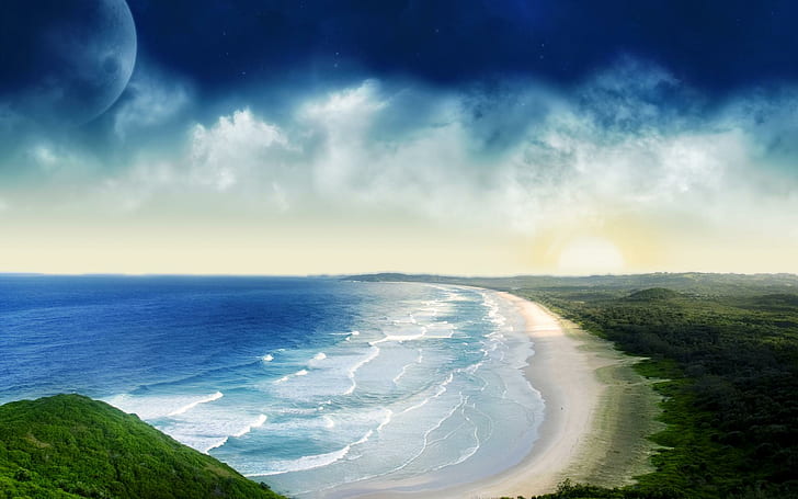Tramonto costiero, illustrazione blu dell'oceano, tramonto, litoraneo, vago e fantasy, Sfondo HD