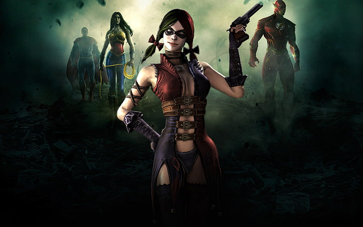 mujer con camisa roja, superman, flash, lucha, Harley Quinn, Wonder Women, Injustice: Gods Among Us, Fondo de pantalla HD