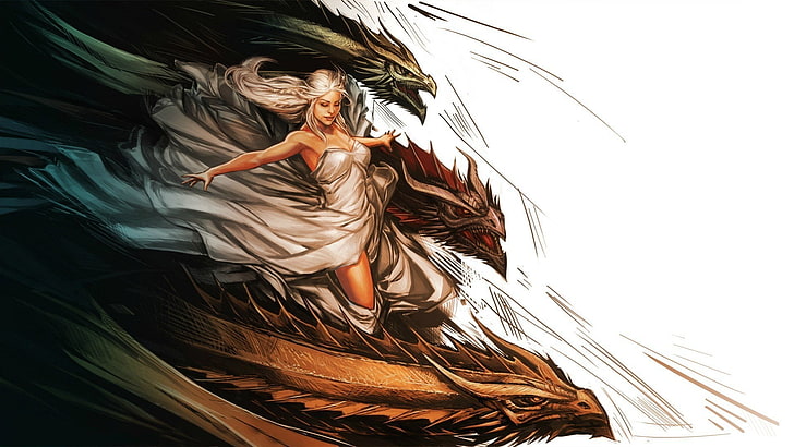 женщина и иллюстрация драконов, Игра престолов, дракон, Дейенерис Таргариен, HD обои